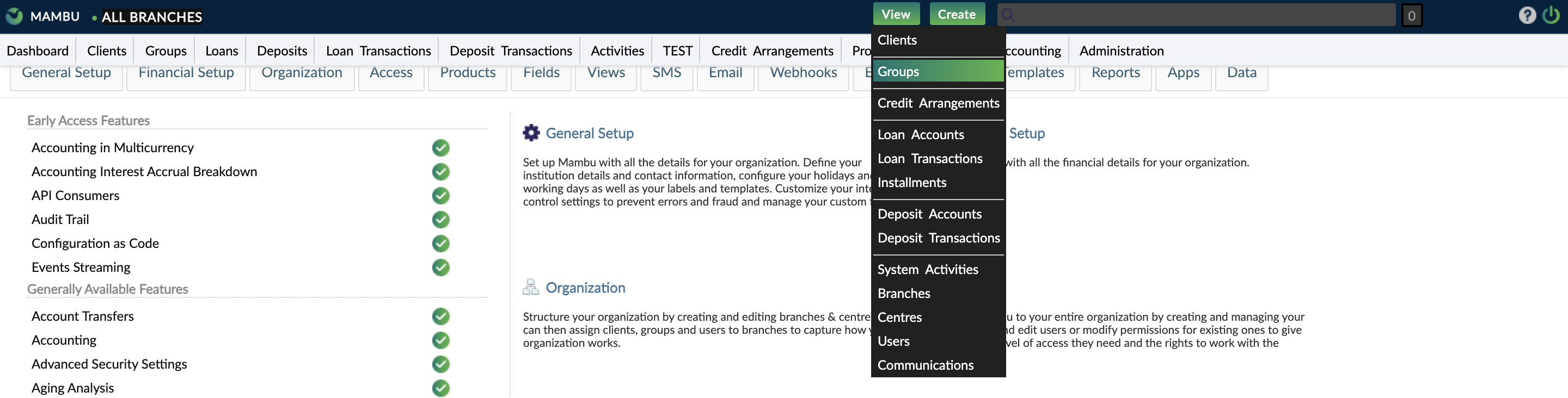 Group item in View menu in top bar